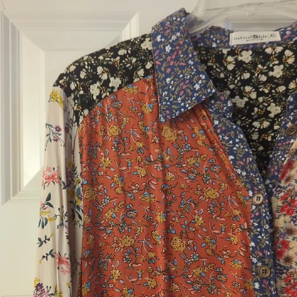 NATURAL LIFE Patchwork Floral Button-Front Maxi Dress - Rust, Blue, Cream - Picture 3 of 4